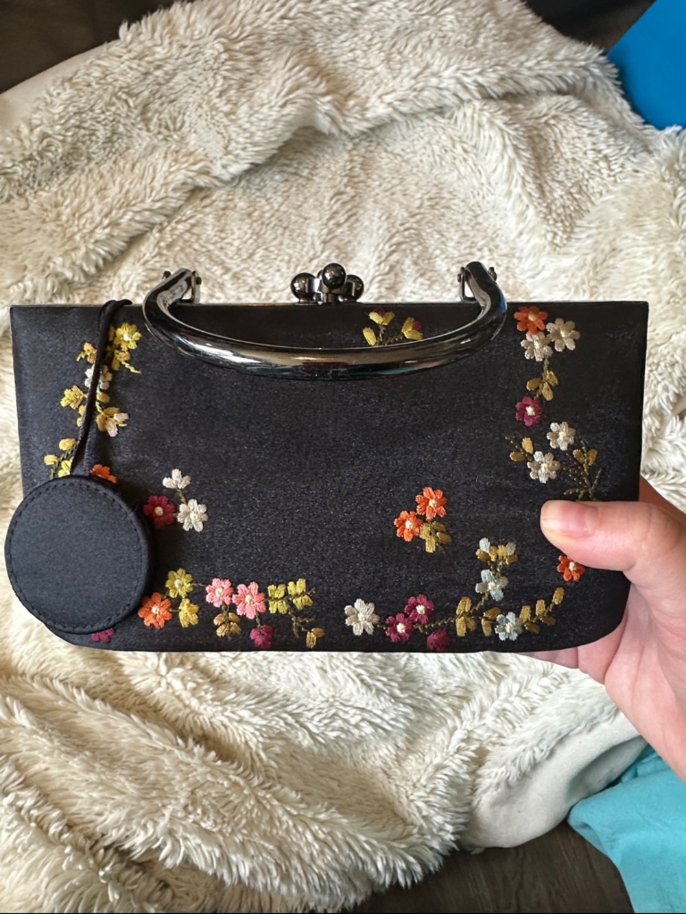 Black Floral Embroidered Top-Handle Evening Bag - Picture 3 of 7